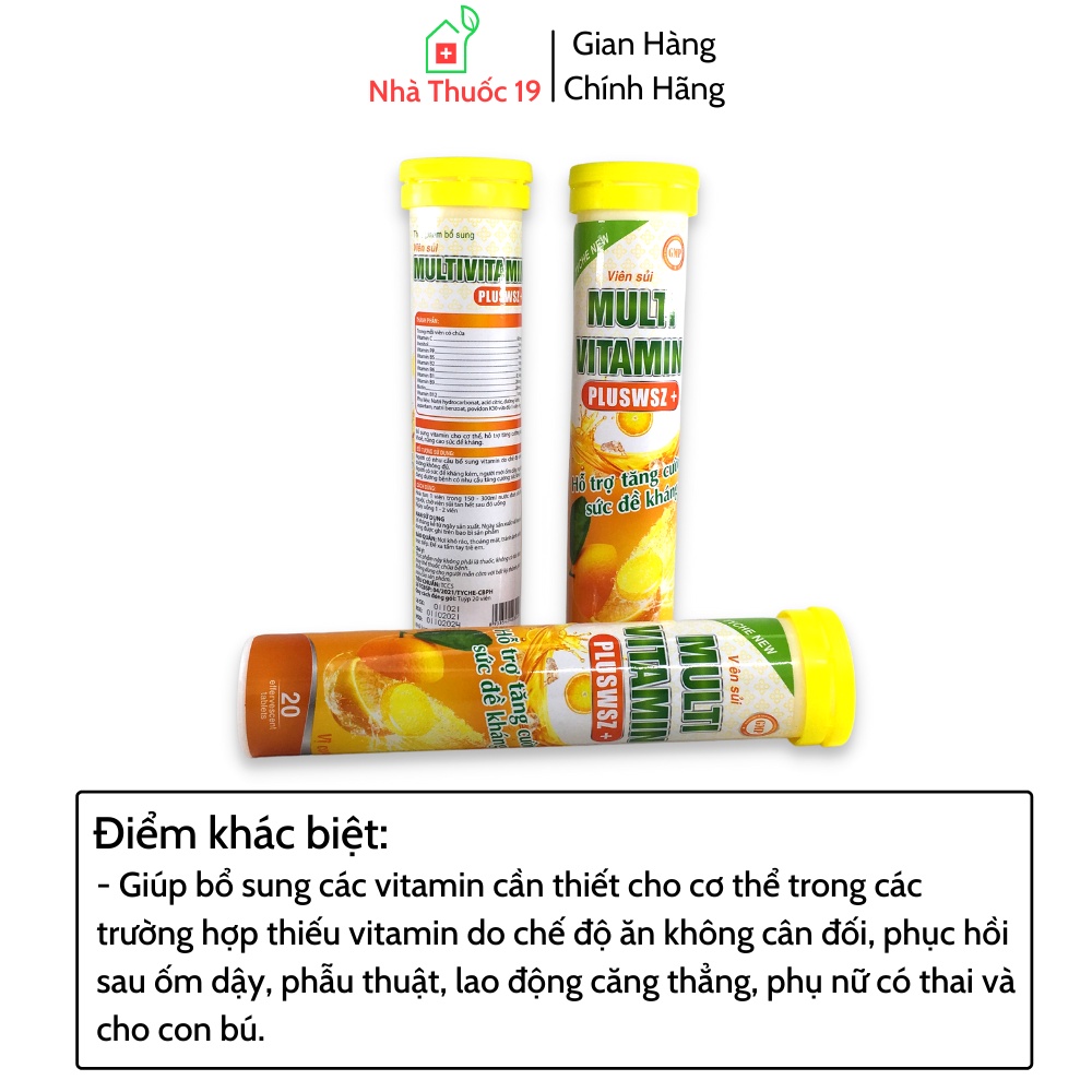 Viên C sủi MultiVitamin PlusWZS+ Giúp bổ sung vitamin C, Tăng cường sức đề kháng Tuýp 20 viên C sủi Chính Hãng