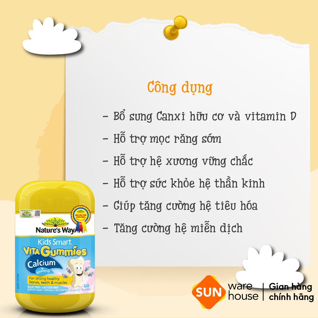 Combo 2 Kẹo Dẻo Cho Bé Nature's Way Kids Smart Vita Gummies Calcium + Vitamin D Và Multi Vitamin for Fussy Eaters