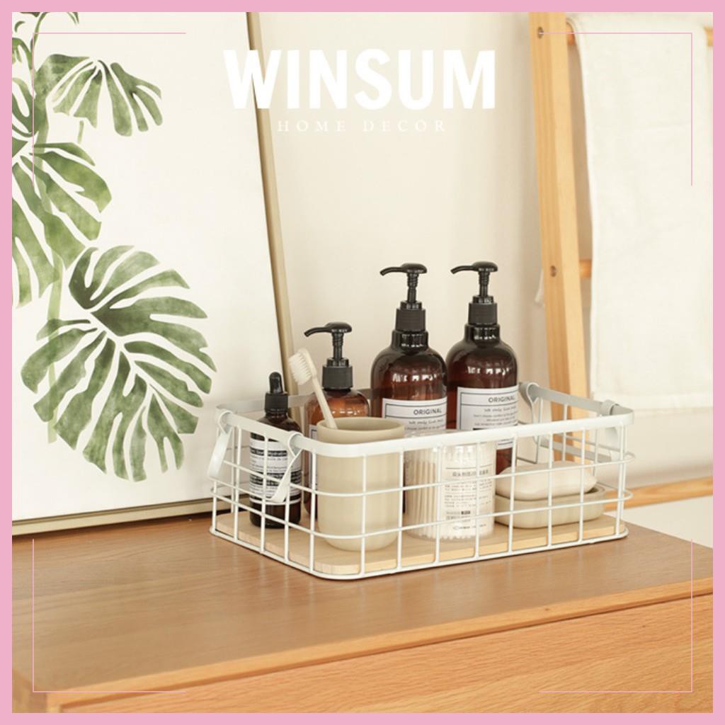 Giỏ Sắt Đựng Đồ Dùng Gia Đình, Chai Lọ Mỹ Phẩm Đế Lót Gỗ Tự Nhiên Decor Home