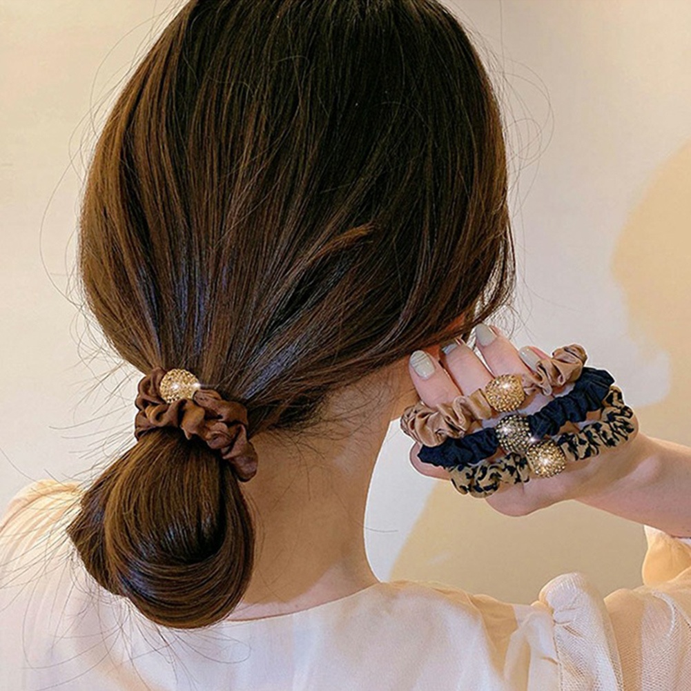 Dây Buộc Tóc Đuôi Ngựa Cao Su Họa Tiết Da Báo Đính Đá Cổ Điển