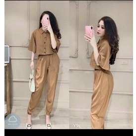 Set bộ sơ mi nút giữa 2 túi ,bộ đồ công sở, set áo vest ngắn tay lỡ quần ống túm đi chơi dạo phố cá tính trẻ trung