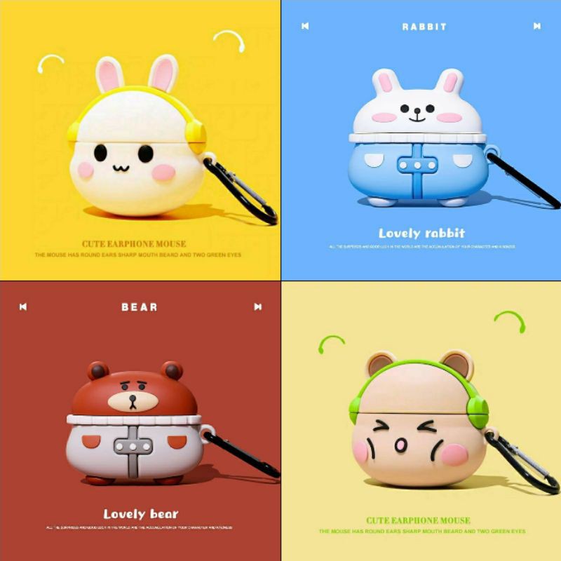 (Order 17 ngày) Case bảo vệ Airpods Pro/1/2 con thỏ béo bunny đeo tai nghe headphone vàng/ gấu xanh buồn EARISE