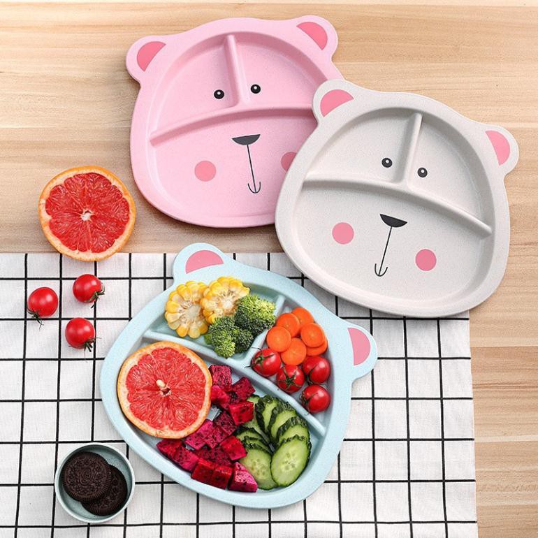 Khay-Bát-Chén ăn dặm lúa mạch nhiều ngăn-Nhiều mẫu mới-Hình Ô tô-Gấu-Cua-Giúp bé ăn ngon hơn-Làm từ bột cây lúa mạch