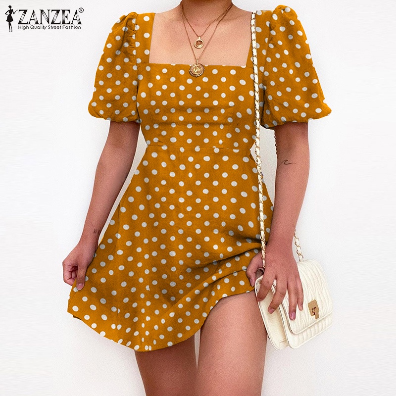 Đầm mini chữ A ZANZEA thiết kế tay ngắn cổ vuông họa tiết chấm bi phong cách Âu thường ngày cho nữ