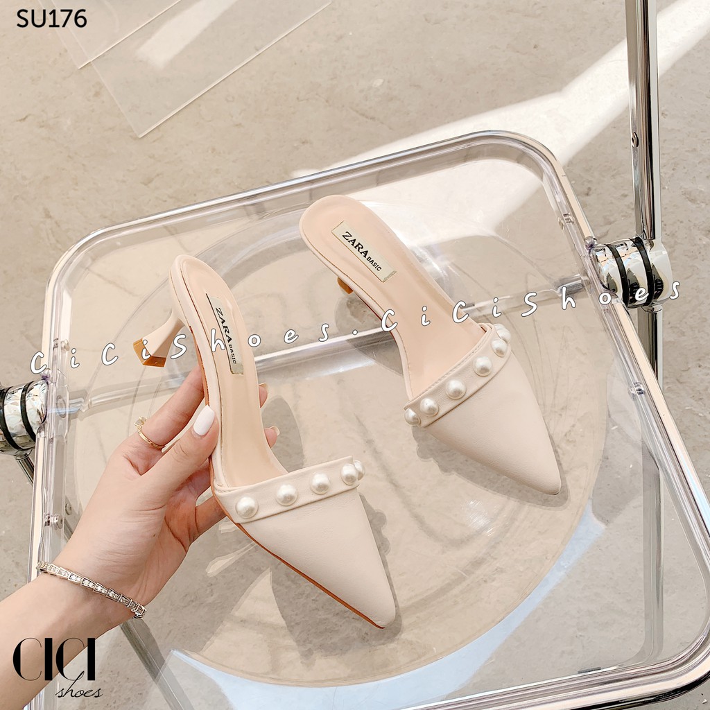 Giày cao gót nữ CiCi Shoes 5cm gót nhọn, dép sục mũi nhọn đính đai ngọc - SU176