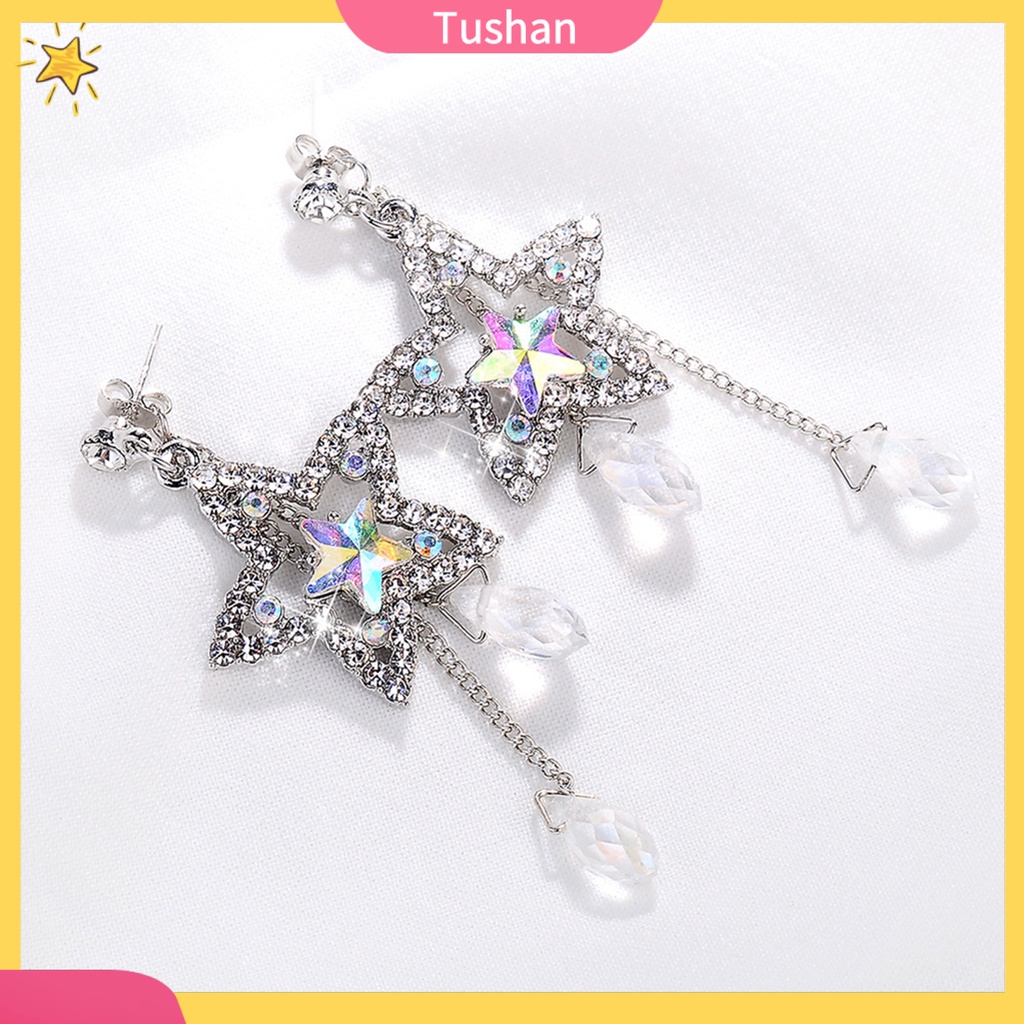 TUSH_Women Cubic Zirconia Inlaid Star Chain Tassel Dangle Stud Earrings Jewelry Gift
