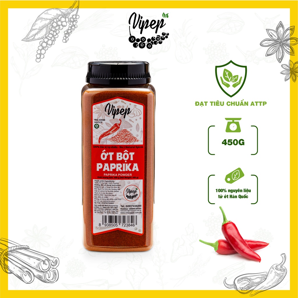 Bột ớt Paprika - ớt cựa gà xay nhuyễn, cay dịu và ngọt, gia vị tạo màu hấp dẫn cho món nướng, ướp, kim chi (hũ 450g)