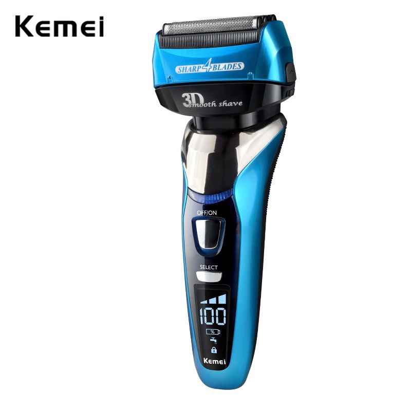 Máy Cạo Râu Điện Kemei Thiết Kế Nổi 3D 4 Lưỡi Dao Chuyển Động Qua Lại Sạc Được Chống Thấm Nước Màn Hình LCD