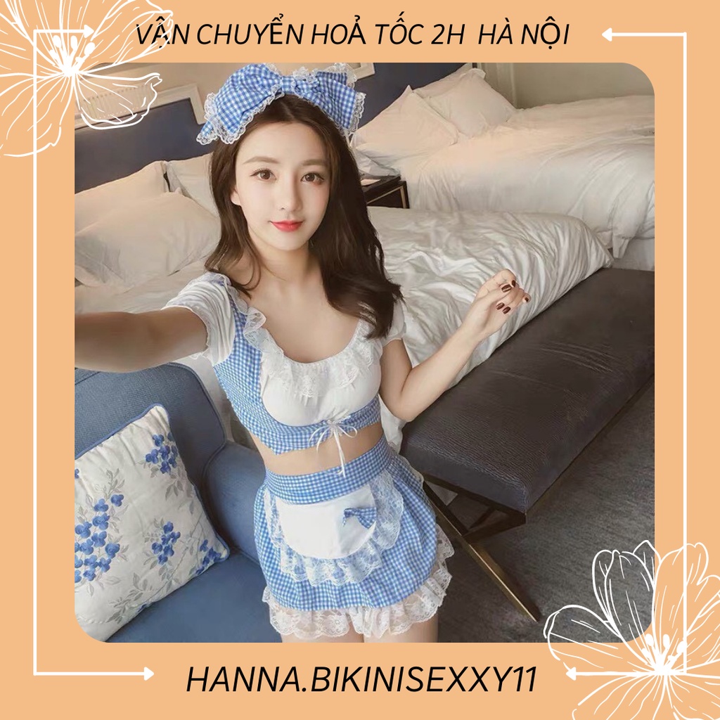 Đồ ngủ cosplay hầu gái, set hầu gái kẻ caro xanh cao cấp 1254, Hanna.bikinisexxy11 | BigBuy360 - bigbuy360.vn