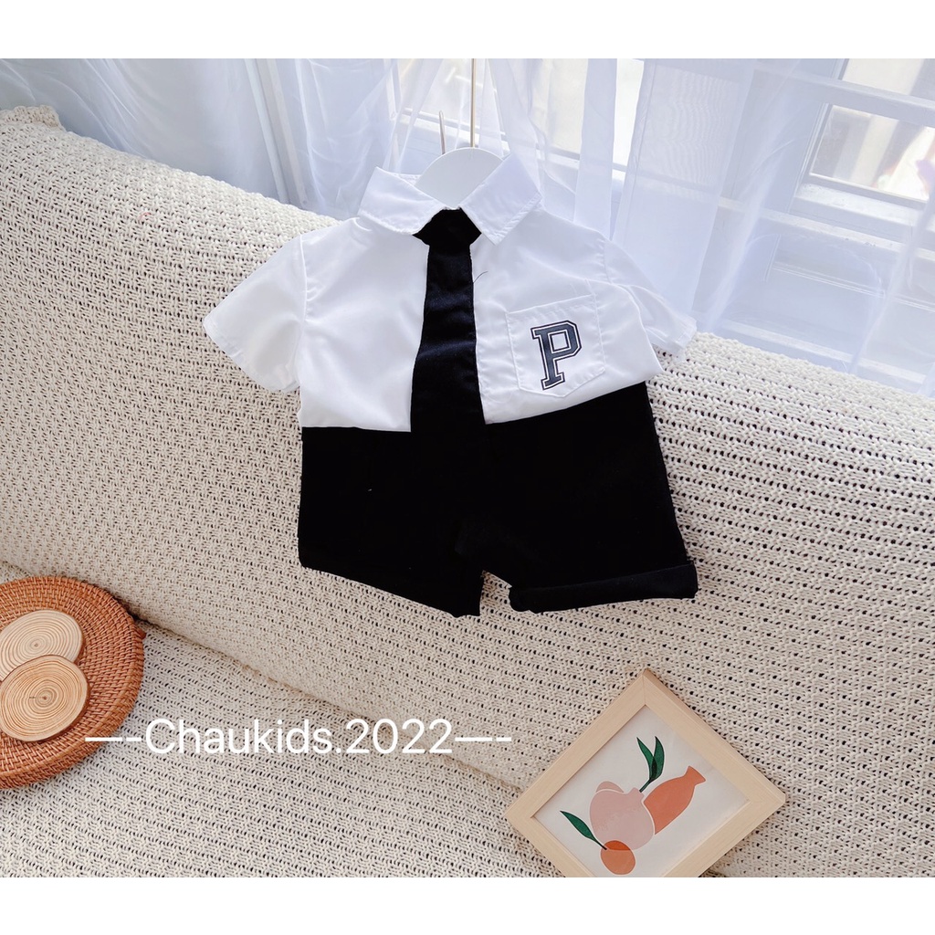 SALE SET SƠ MI CÔNG TỬ KÈM CÀ VẠT THỜI TRANG CHO BÉ TRAI SIZE 9-19KG(SMKV)
