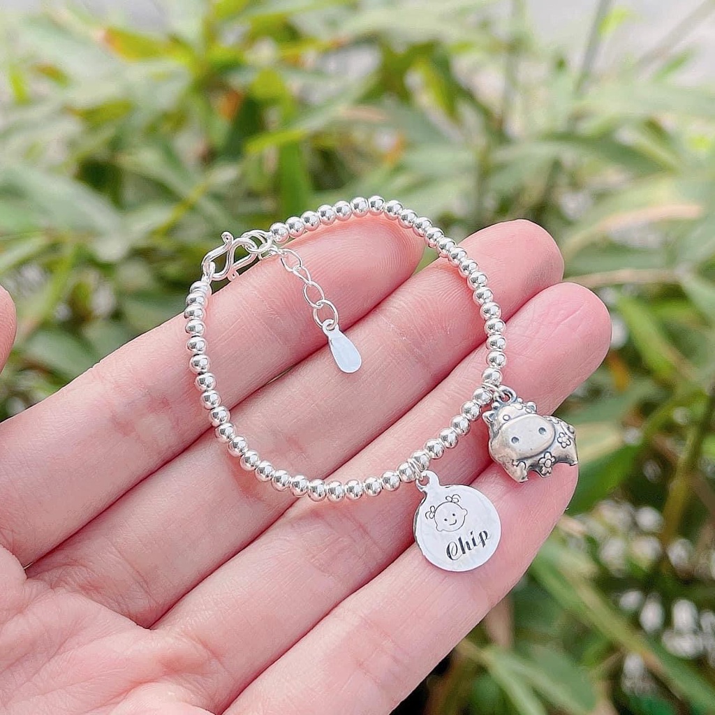 Lắc bạc bi cho bé PANSY treo thẻ khắc tên và con giáp dễ thương - Vòng tay chân bạc trẻ em dạng chuỗi bi cao cấp