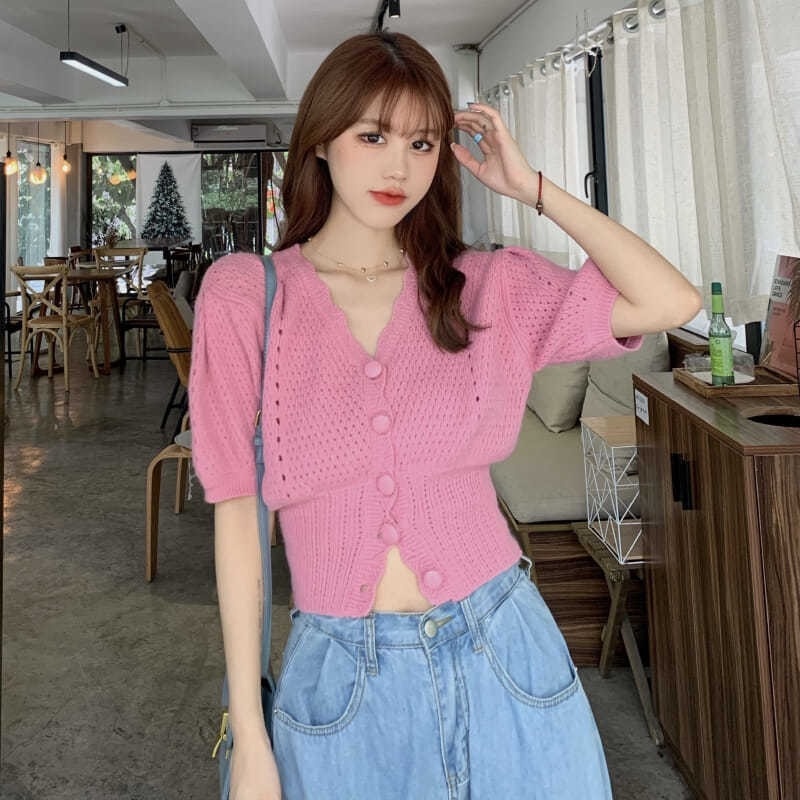 Áo Cardigan Dệt Kim Tay Phồng Cổ Chữ V Dáng Ôm Thời Trang Mùa Hè Cho Nữ