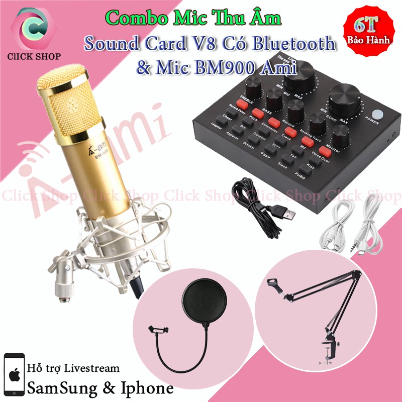Mic Thu Âm BM900 Ami và Sound Card V8 có bluetoth - Auto-tune đi Chân Kẹp Bàn Màng Lọc Đã Bao Gồm Dây Livestream