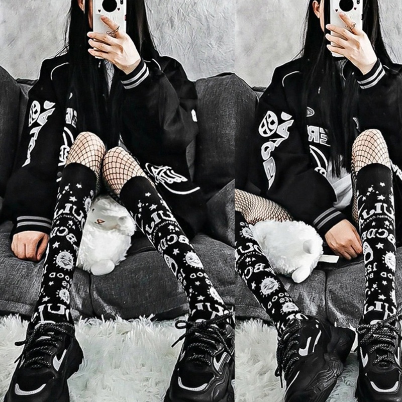 Cặp vớ đen dài đến đầu gối in chữ và ngôi sao phong cách lolita thời trang cho nữ