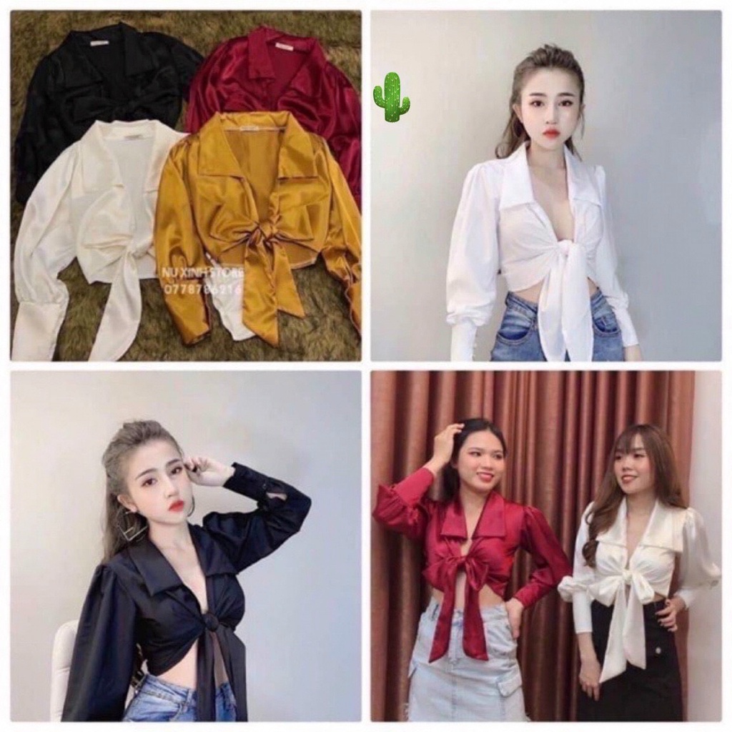 Áo kiểu croptop phi lụa cổ bẻ cột nơ eo cực xinh , chất phi lụa mềm mịn