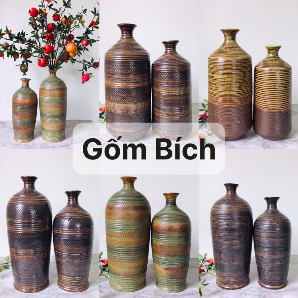 Bình Hoa Dáng Chai To Cổ Nhỏ Men Mộc Cắm Đào Lựu Tuyết Mai Đẹp Gốm Sứ Bát Tràng - Gốm Bích