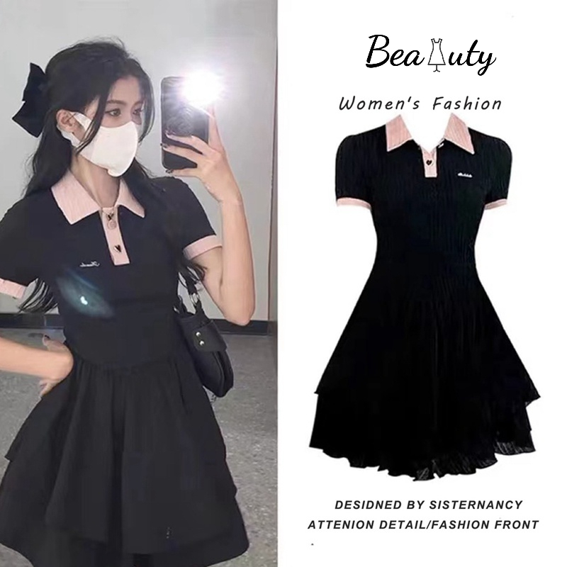 Đầm Đen Thể Thao Tay Ngắn Cổ Polo Dáng Chữ A Hở Lưng Quyến Rũ Cho Nữ
