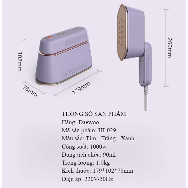 Bàn Là Bàn Ủi Hơi Nước Cầm Tay Hàn Quốc Daewoo HI-029 - Hàng chính hãng 100%