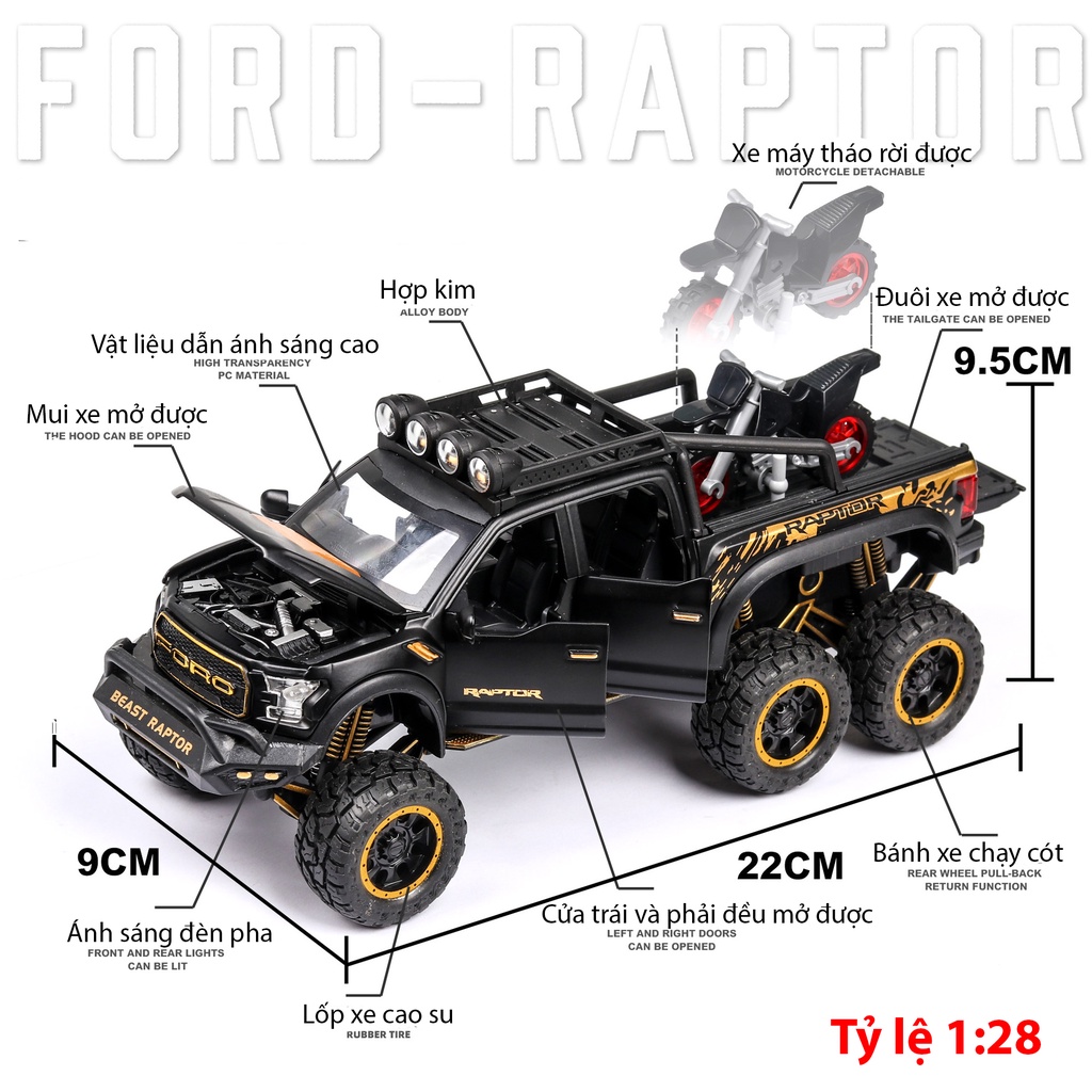 Đồ chơi mô hình xe ô tô Ford Raptor F150 KAVY bằng hợp kim nguyên khối có nhạc và đèn, kèm xe máy tỷ lệ 1:28 màu đen