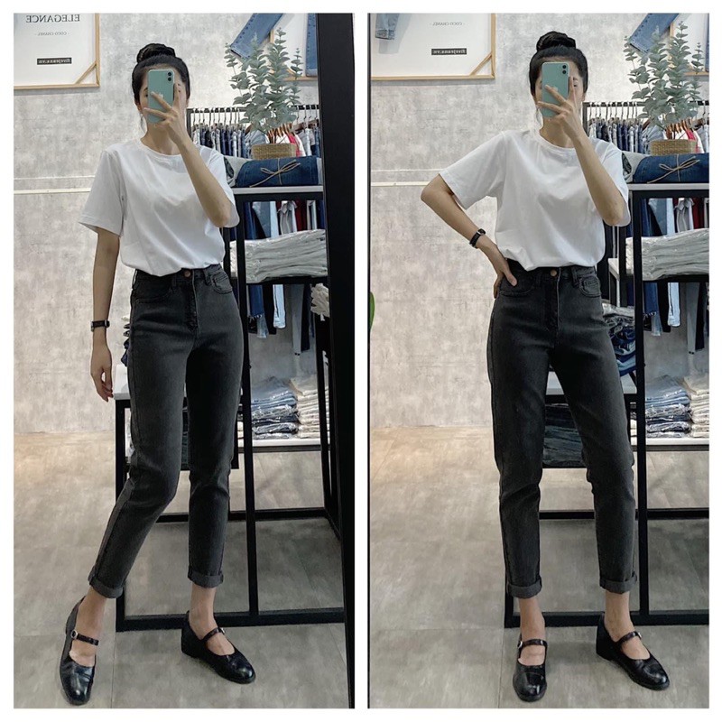 Quần momjeans xám lưng cao cực chất