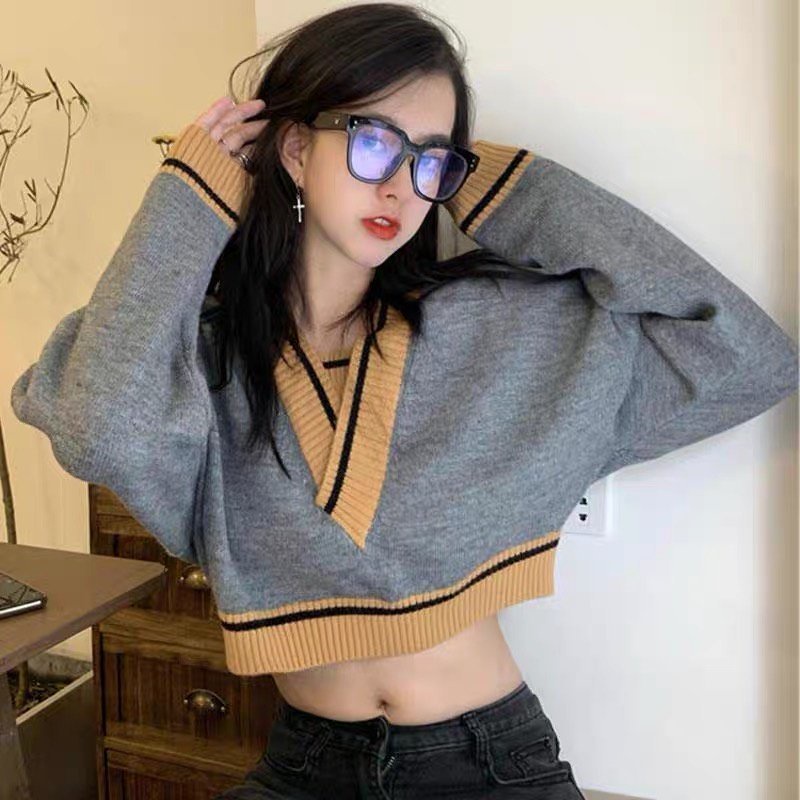 Áo Len Croptop Thủy Thủ Cổ V Tay Dài Dáng Rộng Họa Tiết Sọc Ngang Cá Tính Phong Cách Thời Trang Hàn Quốc M127 N-11