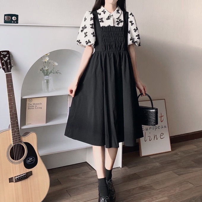 Đầm Giả Hai Mảnh Eo Co Giãn Phong Cách Preppy Pháp Thời Trang Mùa Hè