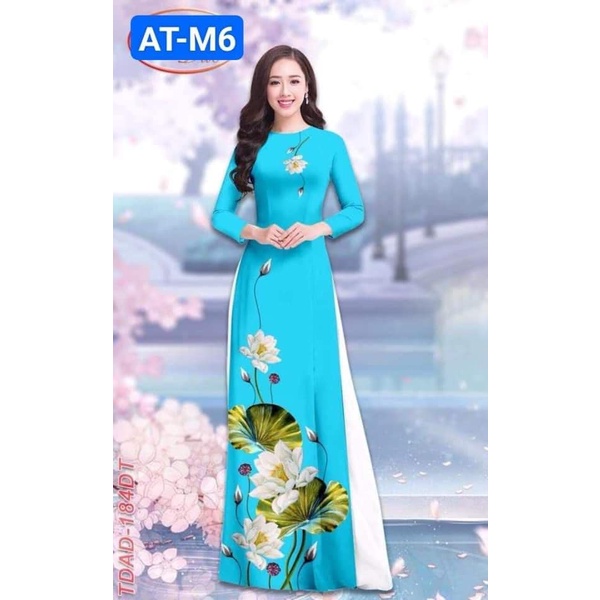 Áo dài lụa Nhật in họa tiết xanh sen