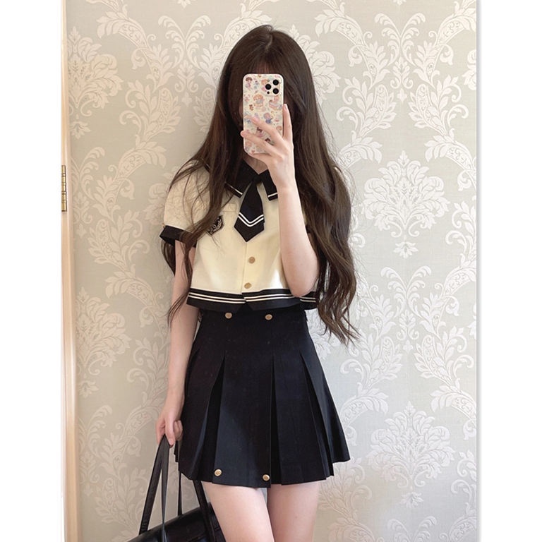 Set Áo Sơ Mi + Chân Váy Xếp Ly Phong Cách Thủy Thủ Thời Trang Hàn Quốc Dành Cho Nữ
