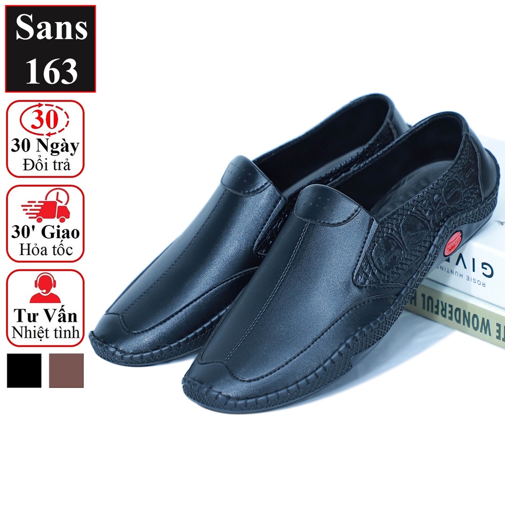 Giày mọi nam giá rẻ Sans163 giầy lười mềm trơn moca công sở đế bệt mũi vuông đen nâu đẹp thời trang hàn quốc đi làm