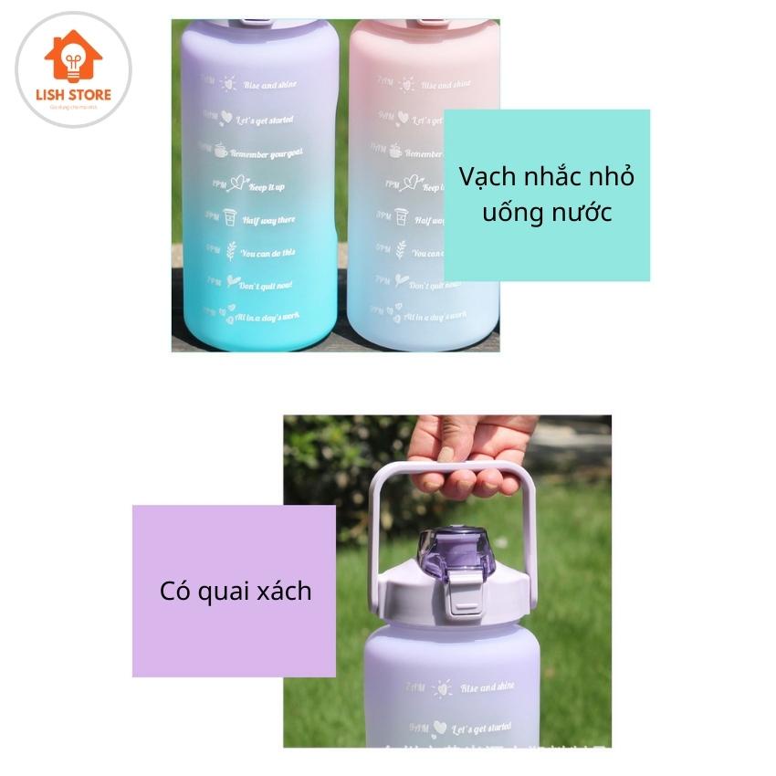 Bình nước 2 lít 2l chia vạch [Kèm sticker] nhắc nhở uống nước dễ thương. LISH Store