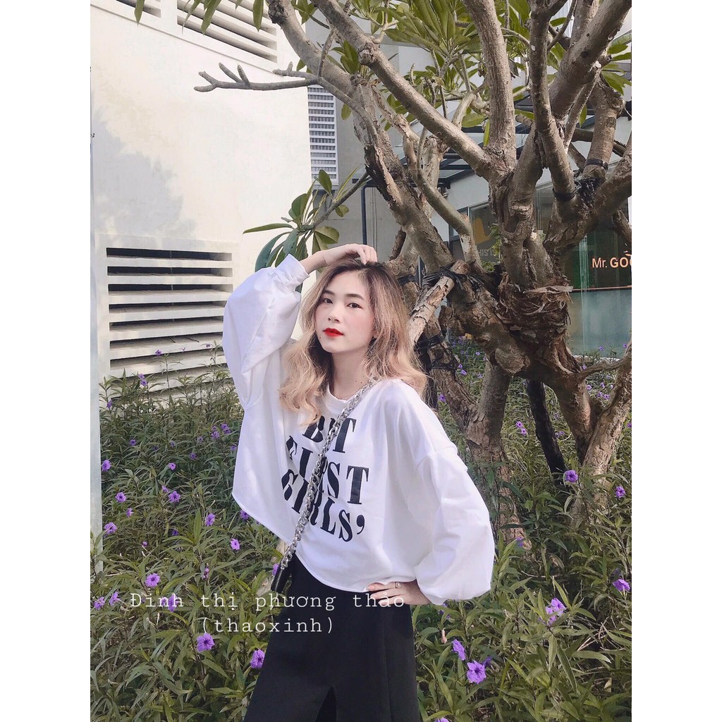 [ CHÁY HÀNG Áo croptop tay dài oversize in chữ BUT