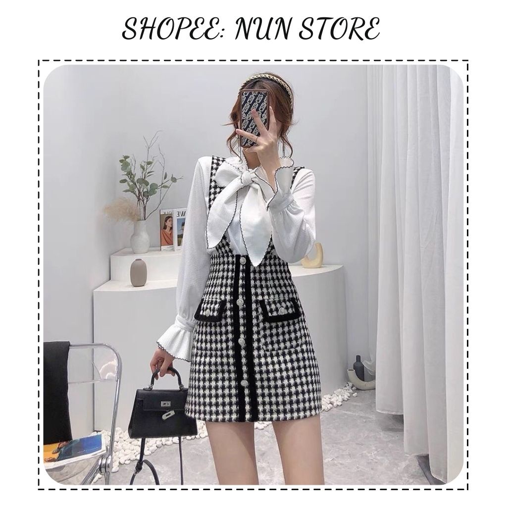 Sét váy yếm dạ kẻ caro 2 món thiết kế siêu sang chảnh