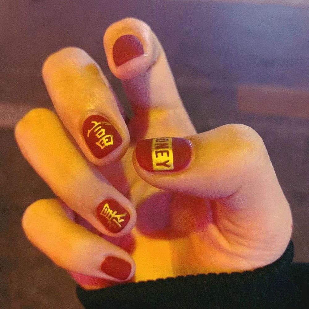 [Hàng mới về] Miếng dán trang trí móng tay họa tiết chữ Trung Hoa màu đồng 3d phong cách năm mới 2022 sang trọng