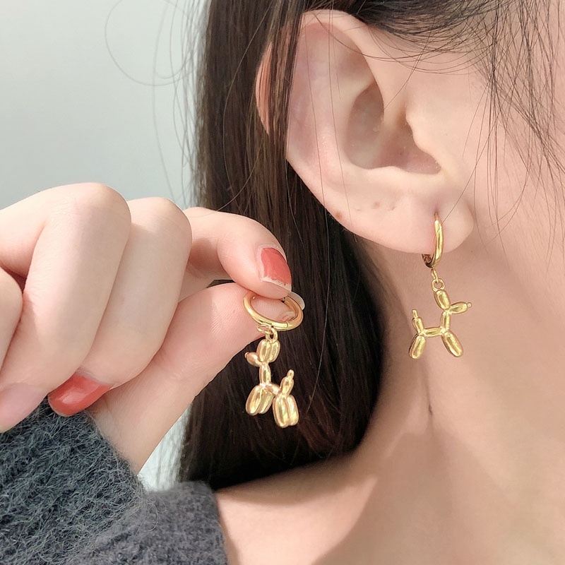 Bông Tai Thép Titan Màu Vàng Mặt Hình Chú Chó Và Bong Bóng Dễ Thương