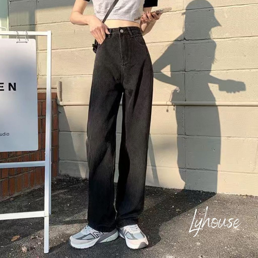 Quần jeans nữ màu đen basic ống suông rộng phong cách Ulzzang phiên bản trơn FC58 Rubydiz