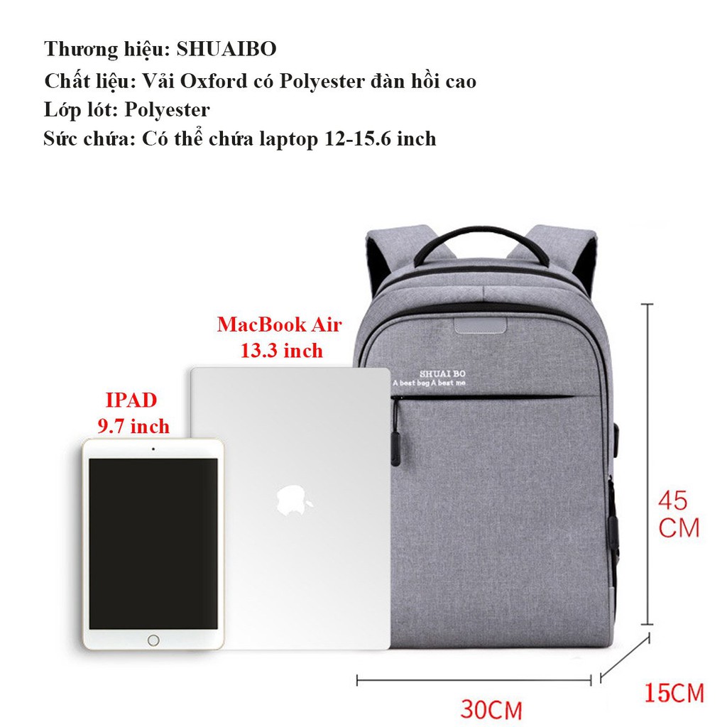 Balo thời trang nam SHUAI BO-616 chống nước đựng laptop 15.6inch rộng rãi phù hợp cho học sinh, sinh viên, người đi làm