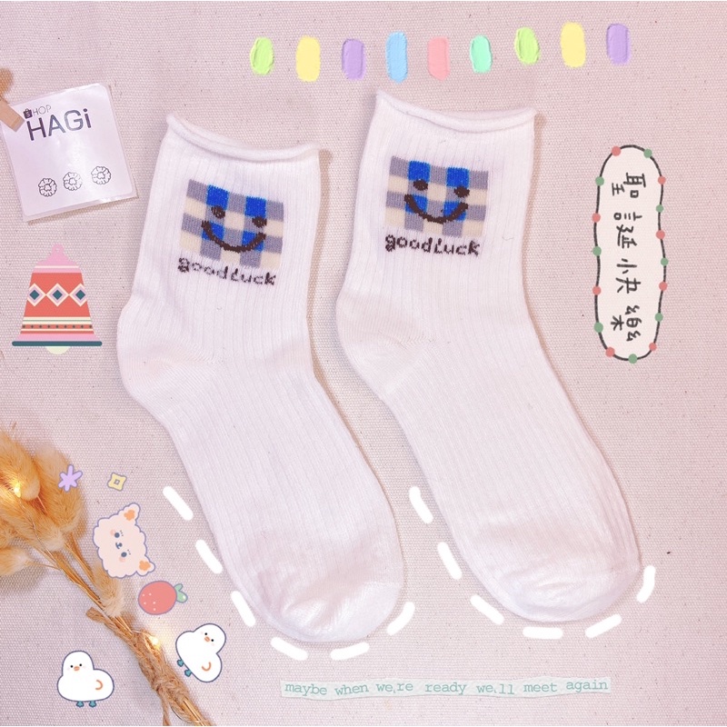 Set 5 Đôi Tất nữ Vintage Trắng Phối Ren Hoạ Tiết Smile Nice day Good luck Phong cách Hàn quốc Học sinh Sinh Viên