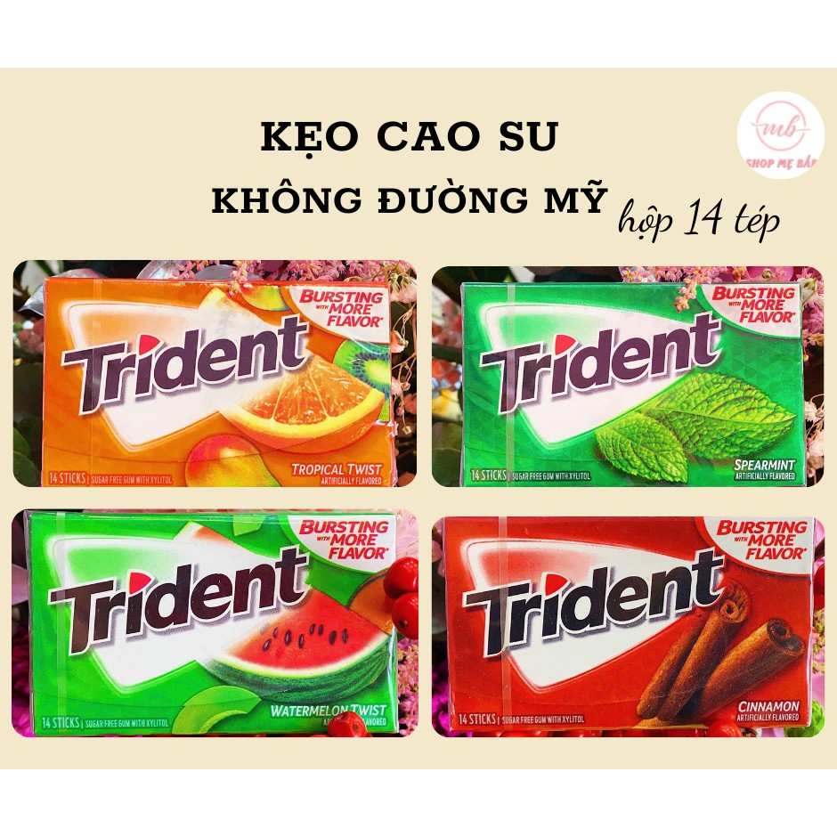 Kẹo Cao Su Không Đường Trident Mỹ 21,6g ( 12 tép) - Vị Cam, Dưa Hấu , Quế, Bạc Hà [Date 02/2023]