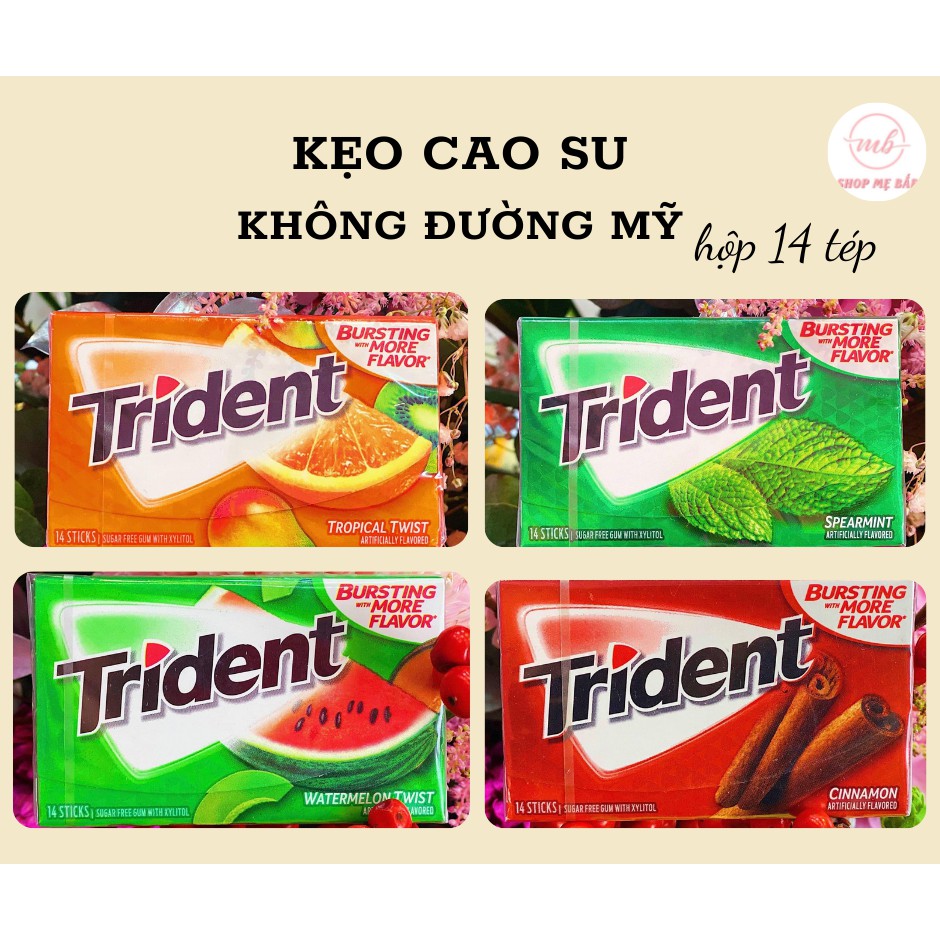 Kẹo Cao Su Không Đường Trident Mỹ - Hộp 14 Tép - Vị Cam, Dưa Hấu , Quế, Bạc Hà [Date 02/2022]