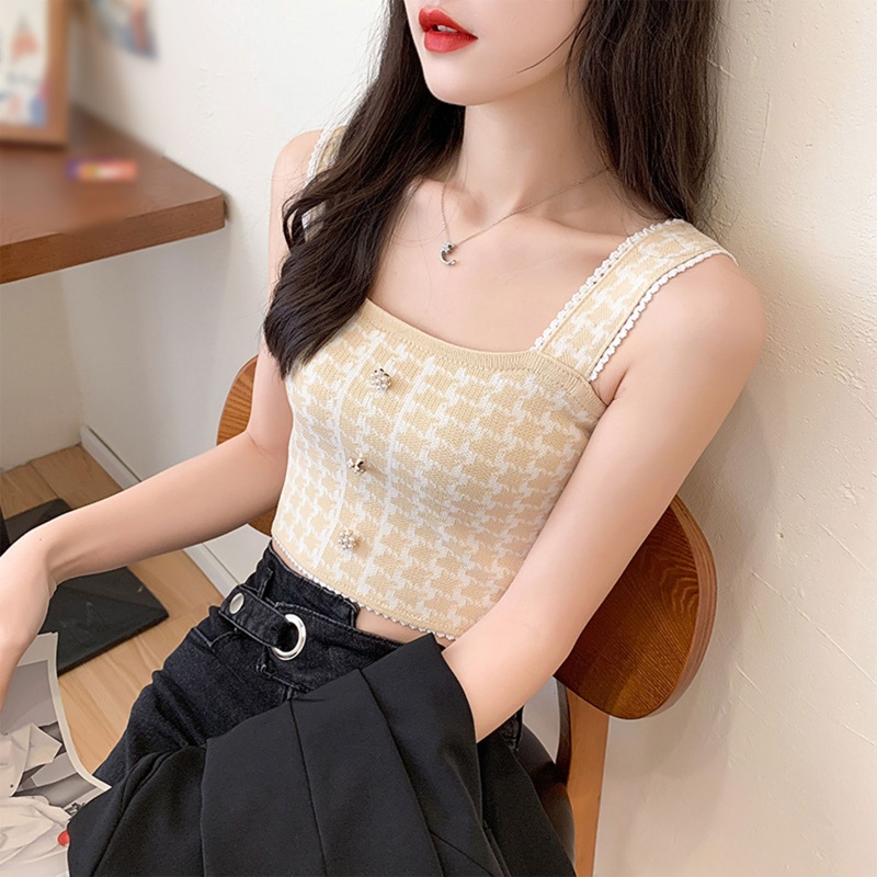 Brroa Áo Croptop Dệt Kim Dây Bản Rộng Cài Nút Họa Tiết Houndstooth Đính Ngọc Trai Cho Nữ