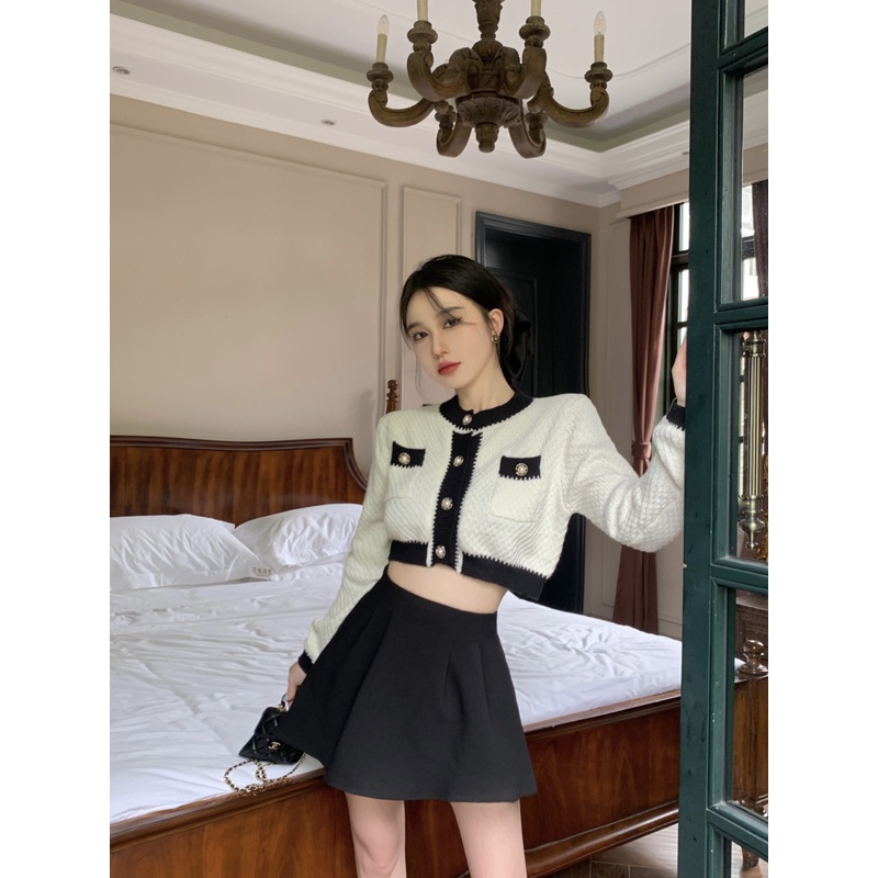 Áo Khoác cardigan Dệt Kim Dáng Ngắn Tay Dài Ghép Nối Màu Sắc Tương Phản Kiểu Pháp Thời Trang