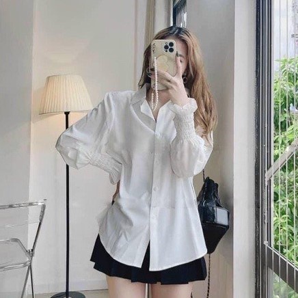 Áo sơ mi nữ basic form rộng phối chun tay siêu hot vải mềm mịn Bingshop