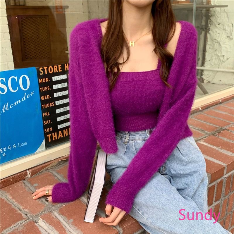 Set Áo Hai Dây Kèm Áo Khoác Cardigan Thời Trang Mùa Thu Phong Cách Phương Tây Cho Nữ