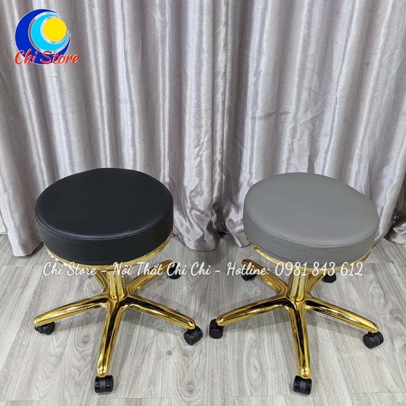 Ghế Xoay Bánh Xe Spa Cao Cấp, Ghế Đôn Hơi Phun Xăm Điều Chỉnh Cao Chân Kim Loại Mạ Vàng Gold Cực Sang