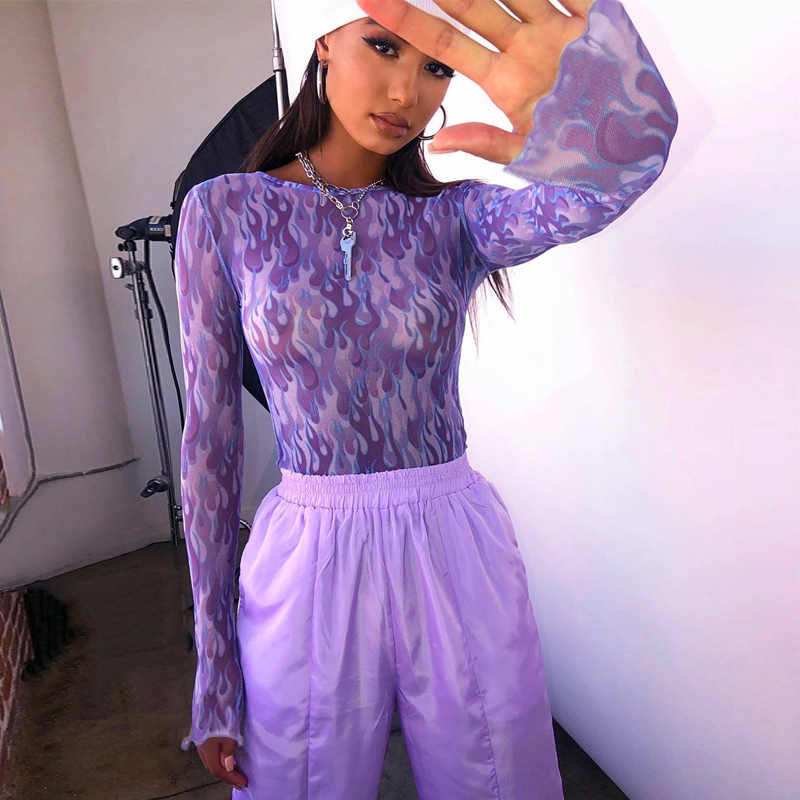 Áo lưới nữ tay dài họa tiết ngọn lửa cá tính