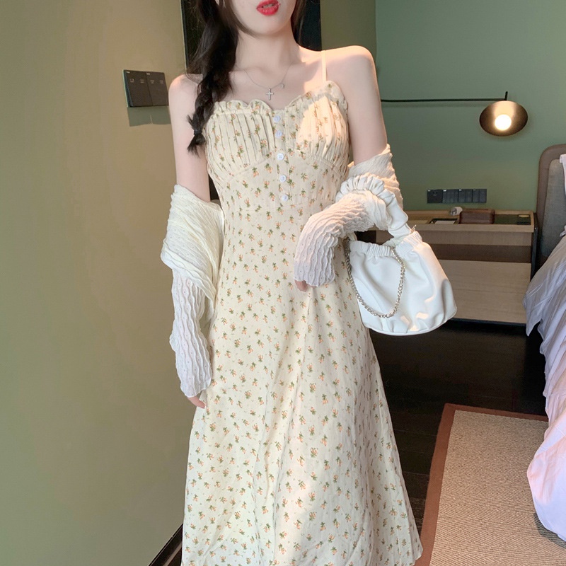 Đầm Hoa Hai Dây Phối Áo Dây Thời Trang Pháp Quý Phái OOP007