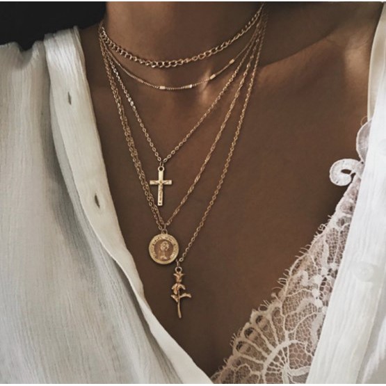 Vòng cổ choker nhiều lớp hợp kim cá tính - dây chuyền charm đồng xu hy lạp thánh giá chain necklace jewelry - Hades.js