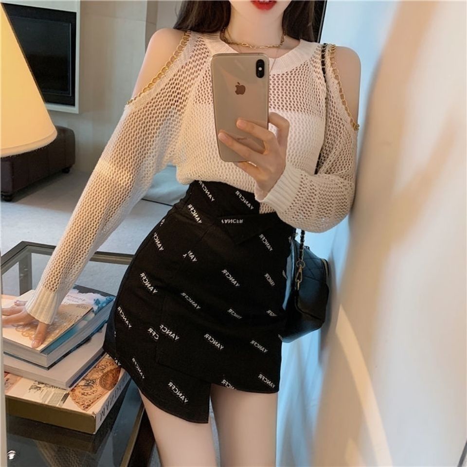 Áo lưới khoét rỗng mỏng dài tay hở vai phong cách thời trang mùa hè thu chống nắng cho nữ