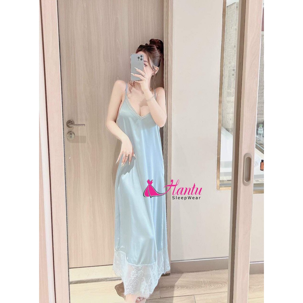 Đầm ngủ lụa dáng dài phối ren gấu Hantu Sleepwear đủ size 40 -100kg nhiều màu sắc | BigBuy360 - bigbuy360.vn