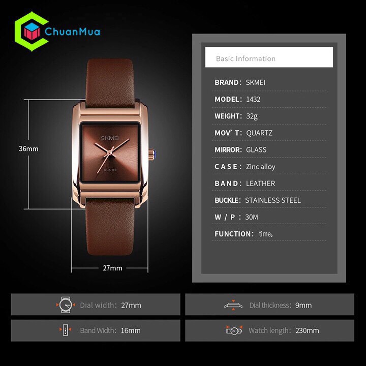 Đồng Hồ Nữ Dây Da SKMEI T88 dây da cao cấp mặt kính vuông bo cong quý phái